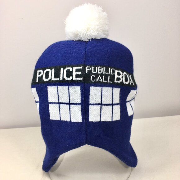 Doctor Who Hat Police Call Box Knit Winter Pompom Ear Flaps Trapper BBC - Picture 3 of 4